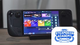 A Steam Deck OLED running in Desktop Mode. The RPS Steam Deck Academy logo is added in the bottom right corner.