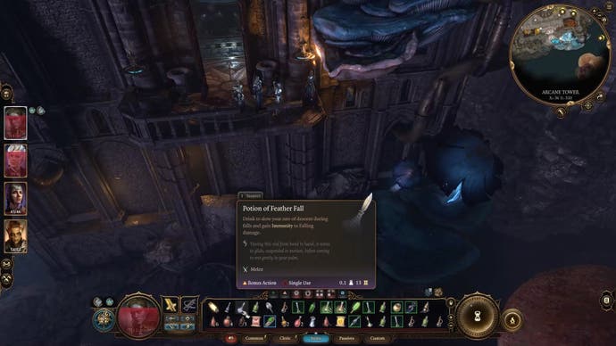 Cursor on the Potion of Feather Fall from the hotbar at the bottom of the screen.