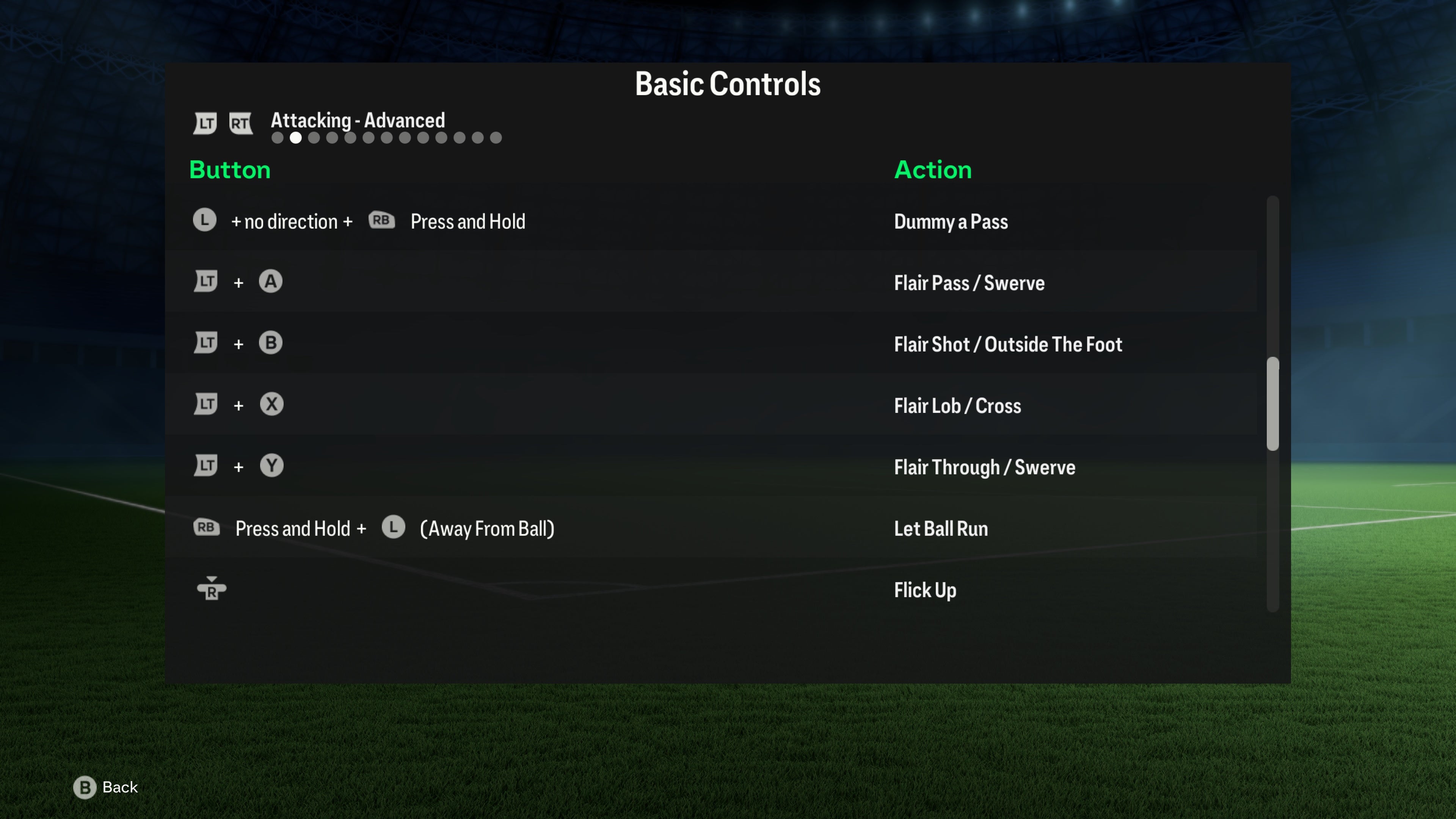 menu of advanced attacking controls including flair moves