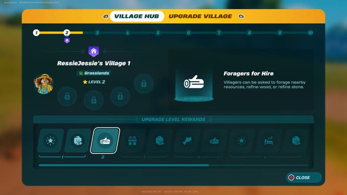 menu view of the village hub upgrade menu with the level 2 reward highlighted