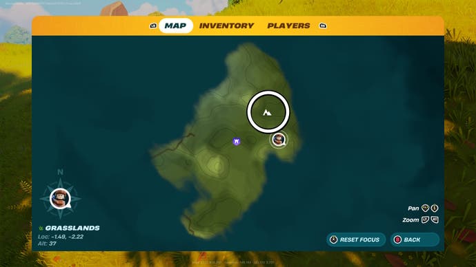 map view of the meadows area in lego fortnite with a cave icon surrounded
