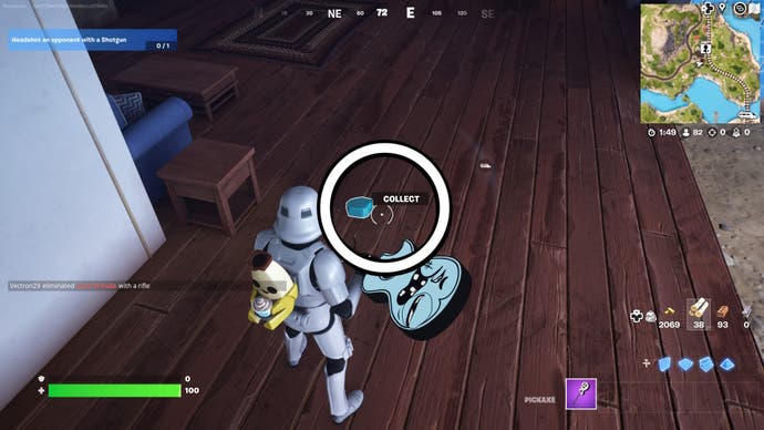 A Stormtrooper looking at a mosaic tile in a house in Fortnite.