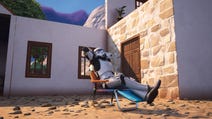 A Stormtrooper relaxing on a lawn chair in front of a damaged building in Fortnite.