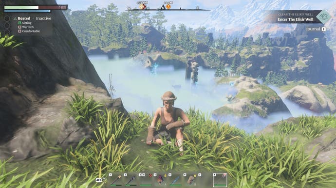 A female character in Enshrouded sitting on a grassy cliff with a Shroud area in the background below.