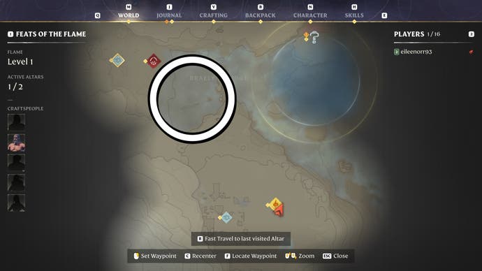 Map view of a Shroud area in Enshroud with a circle showing the best place to farm Shroud Wood.