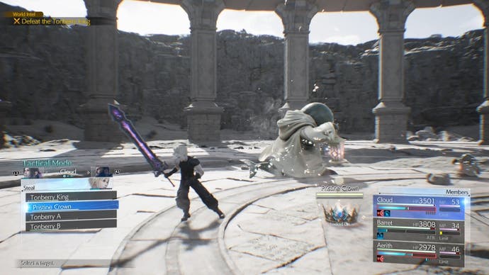 Клауд крадет Нетронутую Корону во время битвы с Тонберри в Final Fantasy 7 Rebirth.