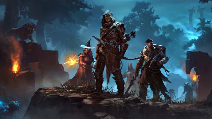 Promotional artwork of group of fantasy characters equipped in different types of armor and weapons standing on a cliff at night.