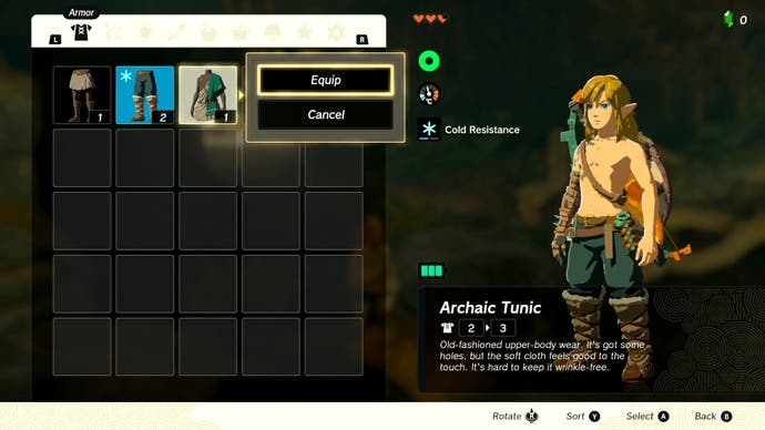 Image showing an in-game menu with a player about to equip the Archaic Tunic in The Legend of Zelda: Tears of the Kingdom.