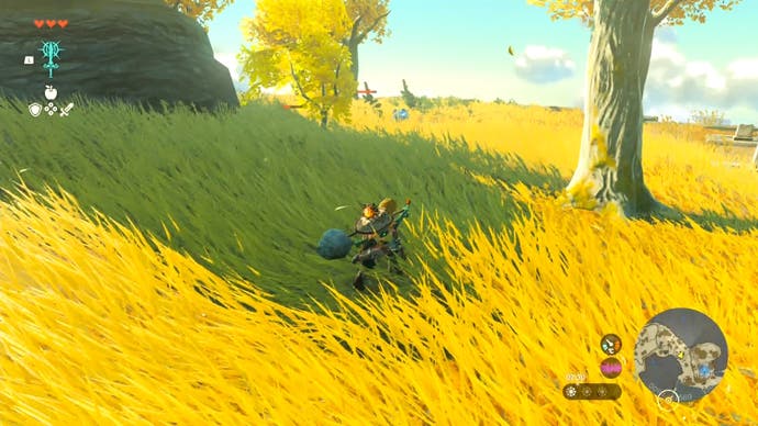 Image showing Link crouching in long grass as he heads to the location to get the Archaic Tunic in The Legend of Zelda: Tears of the Kingdom.