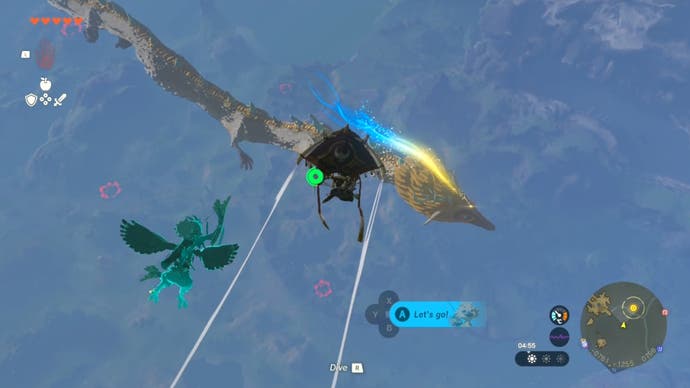 Link using a glider to get near to the Light Dragon as it flies above Hyrule.