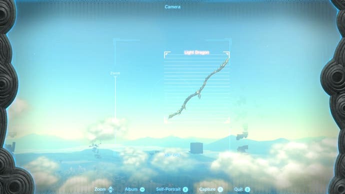 Link using his camera's zoom function to search for the Light Dragon as it flies through the skies above Hyrule.
