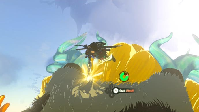 Link trying to grab and pull the Master Sword which is stuck in the head of the Light Dragon, as the creature flies through the skies.