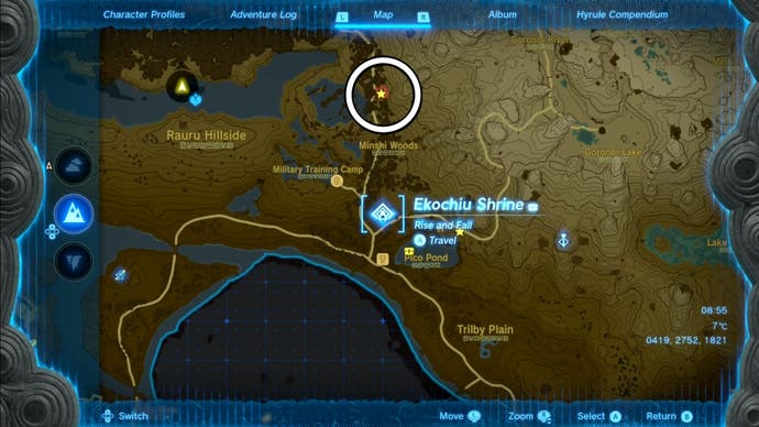 Map showing the location Tears of the Kingdom players need to visit to get to the Lost Woods.