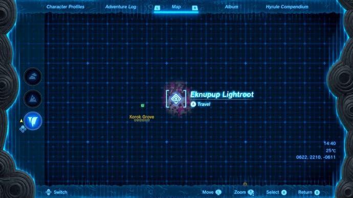 Map showing the location of the Eknupup Lightroot in The Legend of Zelda: Tears of the Kingdom.