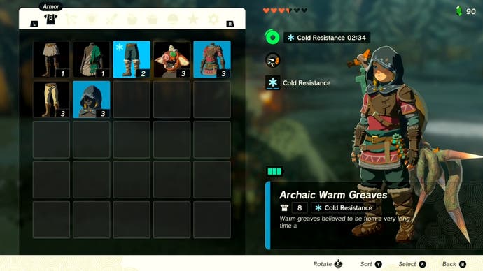 A menu screen in The Legend of Zelda: Tears of the Kingdom showing a player equipping cold resistance armour.