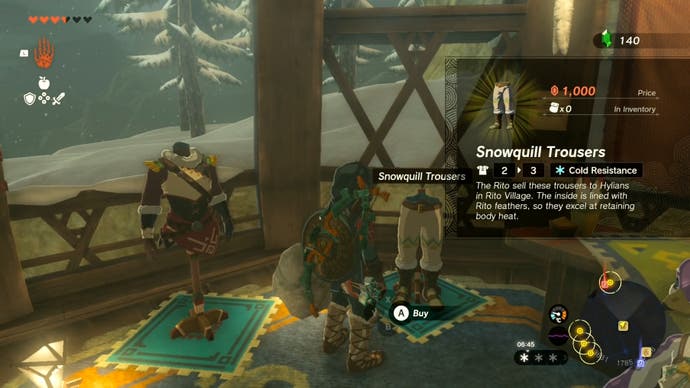 An in-game description of the Snowquill Trousers in The Legend of Zelda: Tears of the Kingdom. The clothing offers players cold resistance.