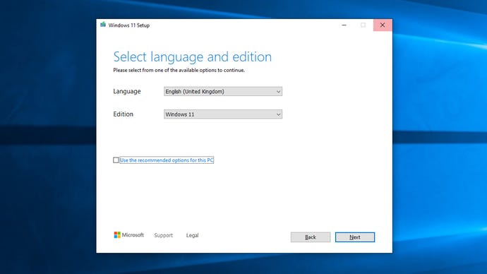 Step 2 of how to create Windows 11 installation media: Launch the downloaded .exe and allow it to make changes. Confirm that the language and edition settings are set to what you want, then click ‘Next’.