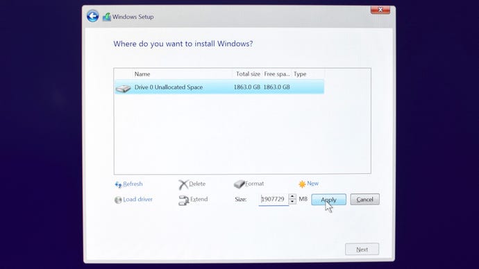 Step 4 of how to install Windows: select 'Customize' then select the storage drive you want to install Windows on. Click 'Format', then 'New', then 'Apply'. Finally, select the largest, newly-created partition and click 'Next'.