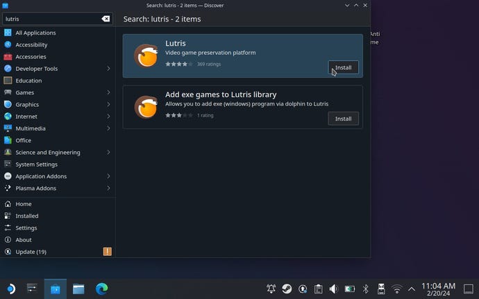 Step 2 of how to install the Epic Games Launcher on Steam with Lutris: open the Discover app, search for Lutris and install it.