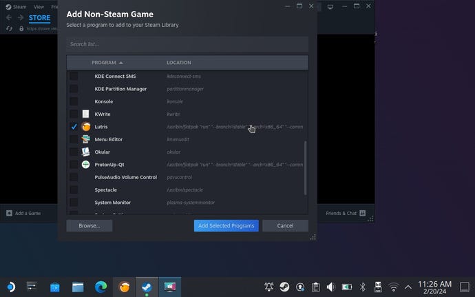 Step 7 of how to install the Epic Games Launcher on Steam with Lutris: create a Steam shortcut for Lutris so you can access it from the Steam Deck's Gaming Mode.
