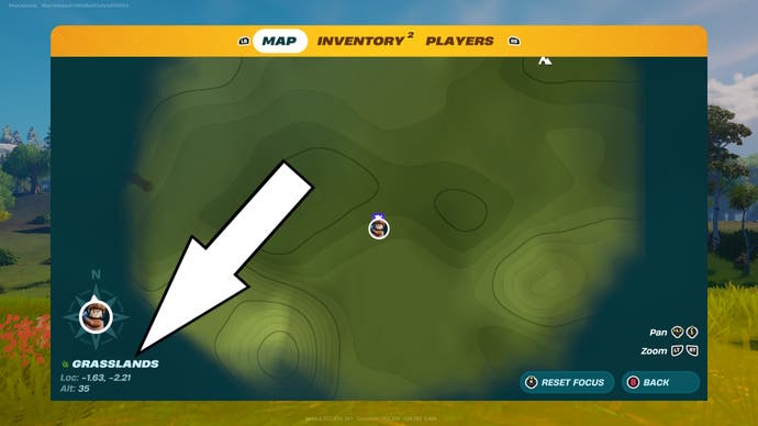 Fortnite Lego's map menu with a white arrow pointing to the word 