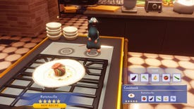 Disney Dreamlight Valley screenshot showing Chef Remy next to a plate of Ratatouille in a restaurant kitchen.