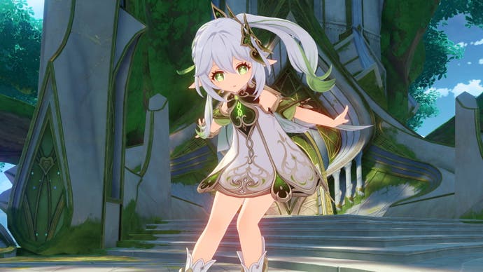 Nahida character skipping in the city of Sumeru, and Nahida is a girl with long white hair and pointy ears wearing a white dress with a green trim