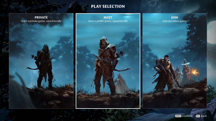 The 'Play' menu of Enshrouded showing the options to play privately, host a local multiplayer save game, or join a multiplayer game.