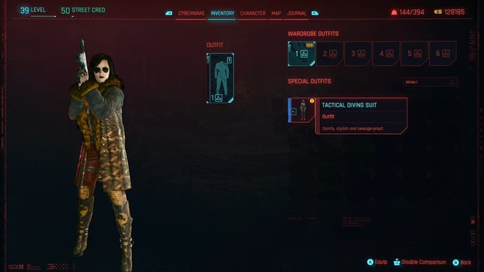 outfit selection screen with the tactical diving suit highlighted