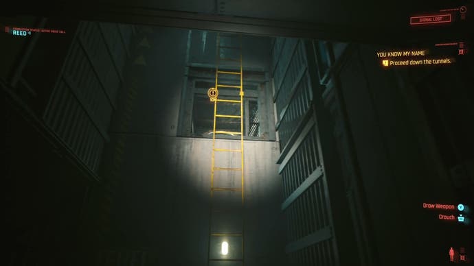 first person view of a broken ladder in a dark room