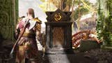 kratos looking at a tablet of endeavour in an enclosed space in an area covered in foliage in the god of war ragnarok valhalla dlc