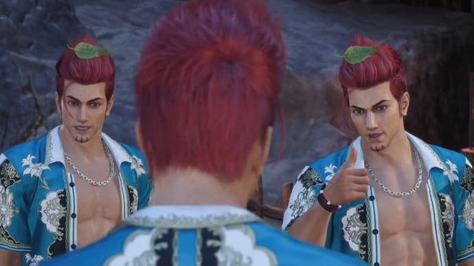 A Johnny ninja clone with a green leaf in his hair giving the real Johnny a boost in Final Fantasy 7 Rebirth.