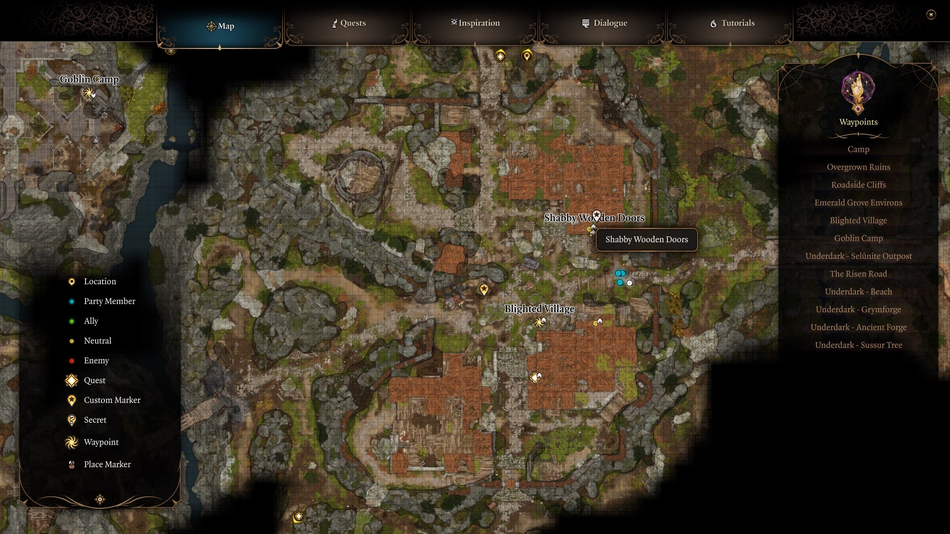 Imagen de mapa que muestra la ubicación de puertas de madera en mal estado en un pueblo arruinado.