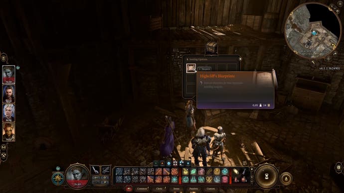 Small loot menu with the cursor on a note caleed highcliff's blueprints.