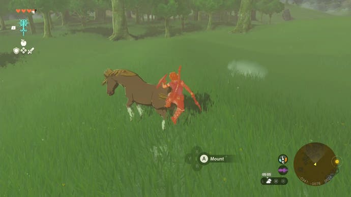 Link getting kicked by a horse he is trying to tame in The Legend of Zelda: Tears of the Kingdom.