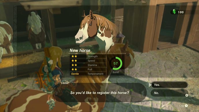 Link registering a horse he has tamed at a stable in The Legend of Zelda: Tears of the Kingdom.