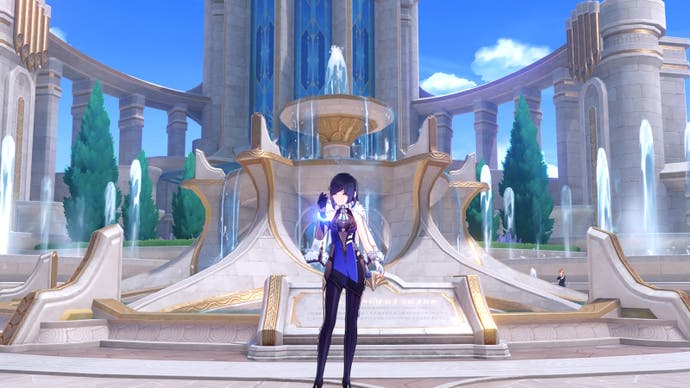 Yelan doing her glowing wrist idle animation in front of the fountain of lucine.