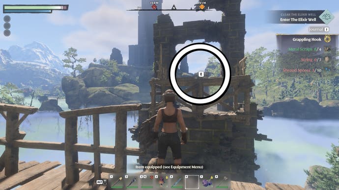 A white circle showing a grapple point on a bridge above the Shroud in Enshrouded.