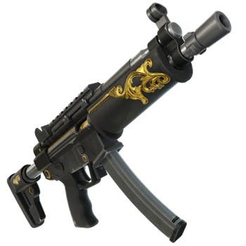 menu view of the hyper smg with mods on in fortnite with a gold swirling apttern near the tip