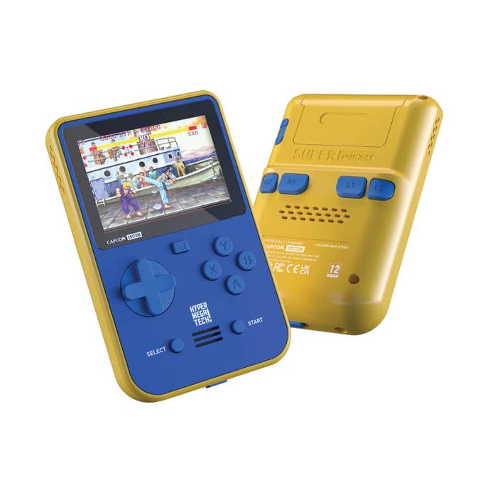 Two Super Pocket devices, seen from the front and back, in a charming Capcom-like yellow and blue colourway.