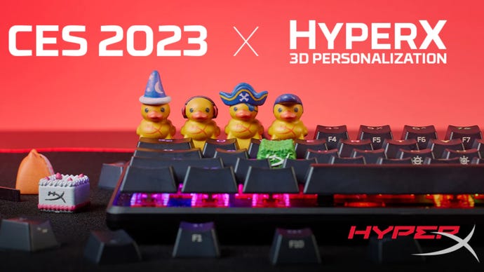 A promo shot for HyperX's HX3D service, with several 3D-printed duck keycaps atop a keyboard.