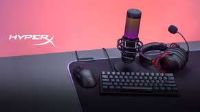 hp hyperx omen products arrayed on a desktop, including a mouse, keyboard, mic and headset
