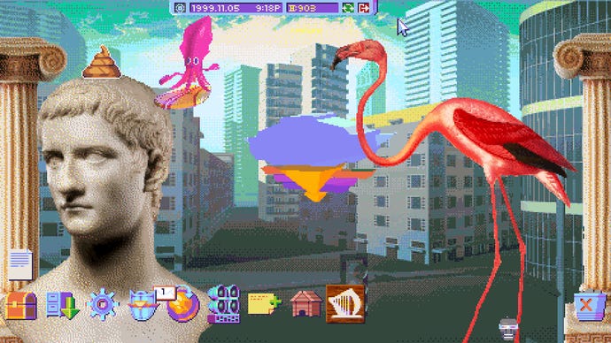 A desktop scene with a surfing squid, and a swirly turd sitting atop the head of a classical statue in Hypnospace Outlaw.