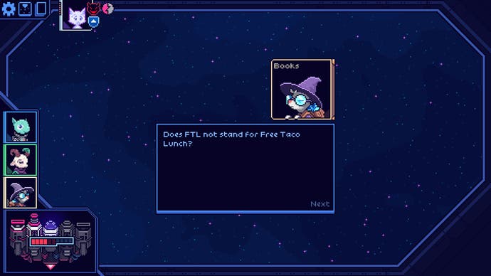 Cobalt Core screenshot showing a space mole in a wizard hat, pondering whether ‘FTL’ stands for ‘Free Taco Lunch’.