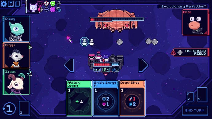 Cobalt Core screenshot showing a giant crab-shaped spaceship, about to fire missiles.