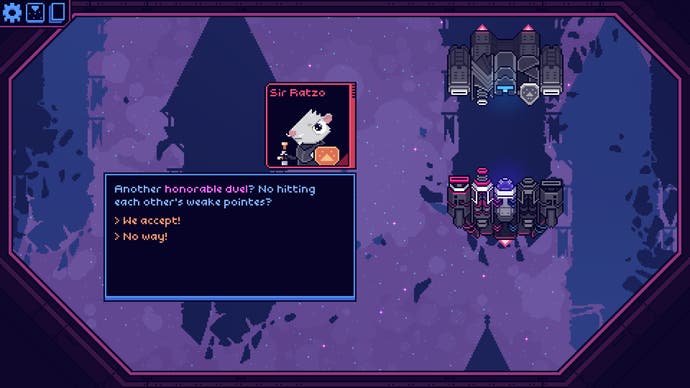 Cobalt Core screenshot showing a rat in knight’s armour, proposing an honourable duel.