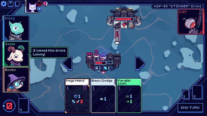 Cobalt Core screenshot showing a drone being launched to intercept an enemy cannon. Chief engineer Isaac has named this drone ‘Lemmy’.