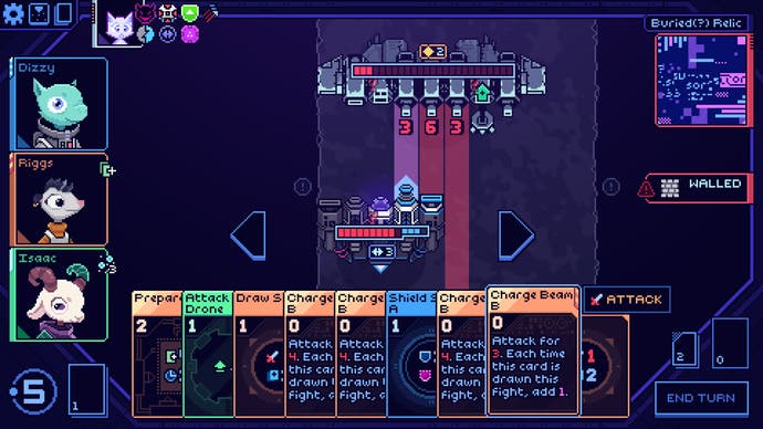 Cobalt Core screenshot showing a hand full of powered-up charge beam cards, about to blow up the enemy vessel.