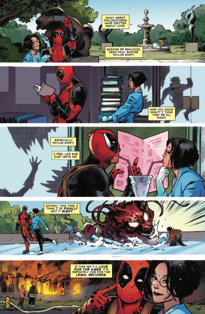 Deadpool and Valentine are protected by Princess, the Carnage dog