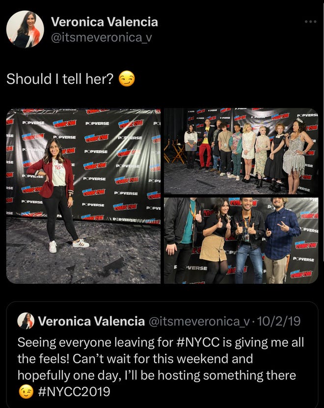 Tweet that reads "Seeing everyone leaving for NYCC is giving me all the feels! Can't wait for this weekend and hopefully one day, I'll be hosting something there"